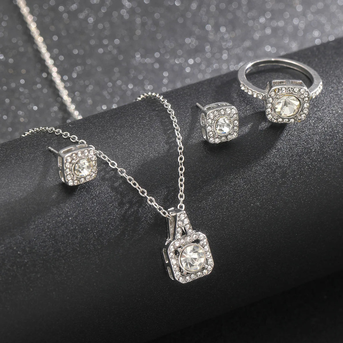 Square Silver 3pcs Earring, Necklace, & Ring Set