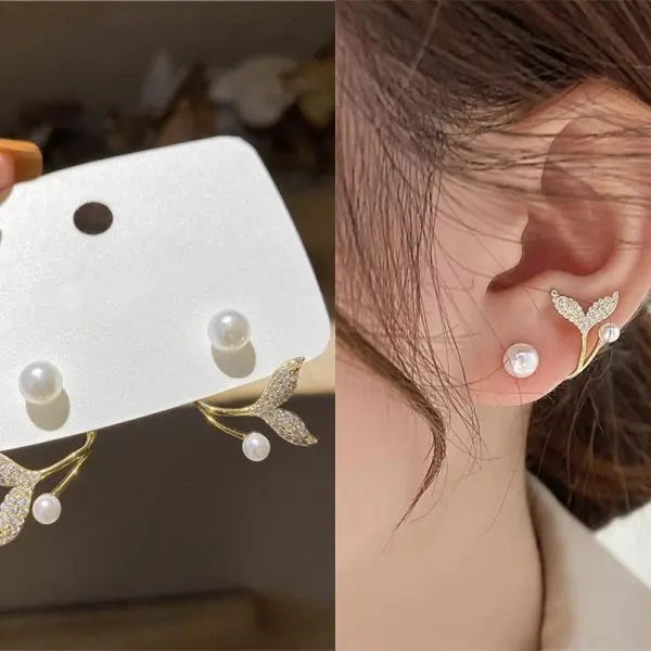 Leaf Flower Stud Pearl Earrings