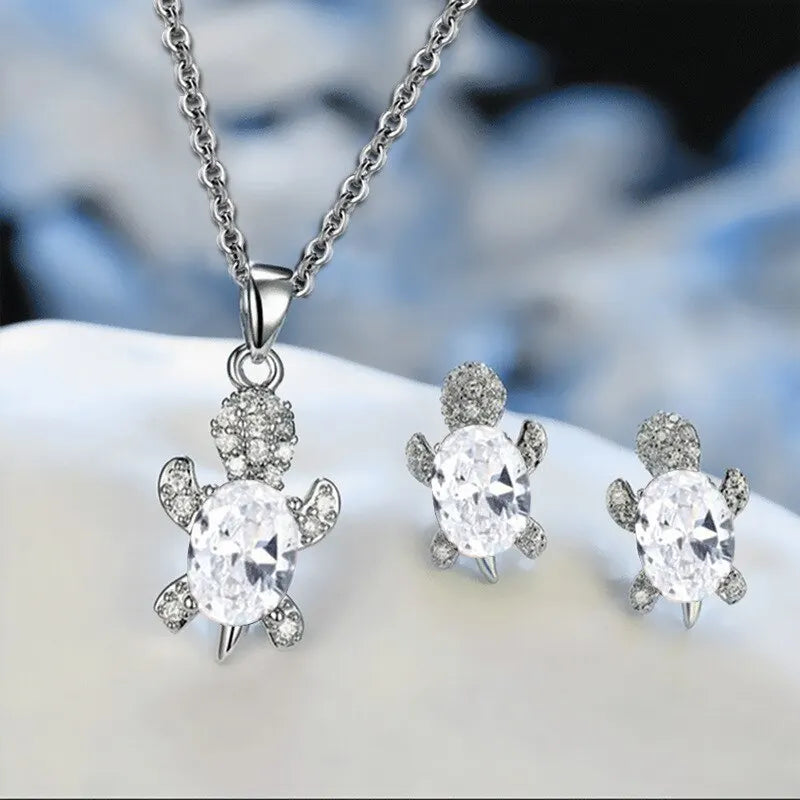Silver Turtle Necklace & Earrings Set