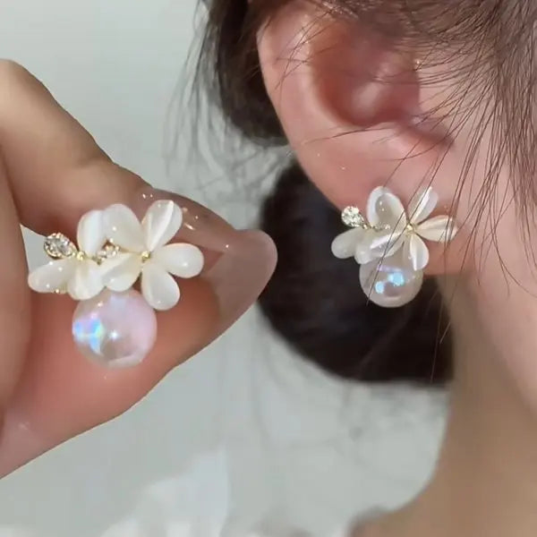 Leaf Flower Stud Pearl Earrings