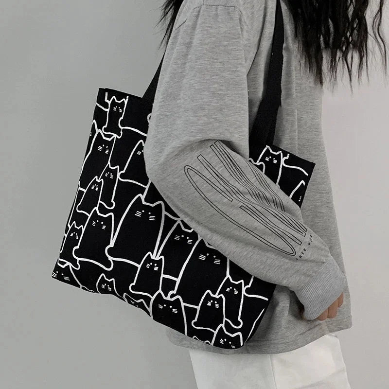 Canvas Cat Tote Handbag