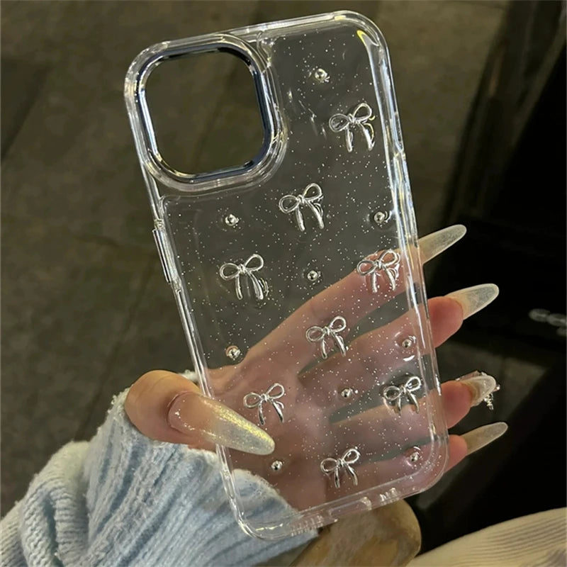 Glitter Silver Bows Phone Case For iPhone