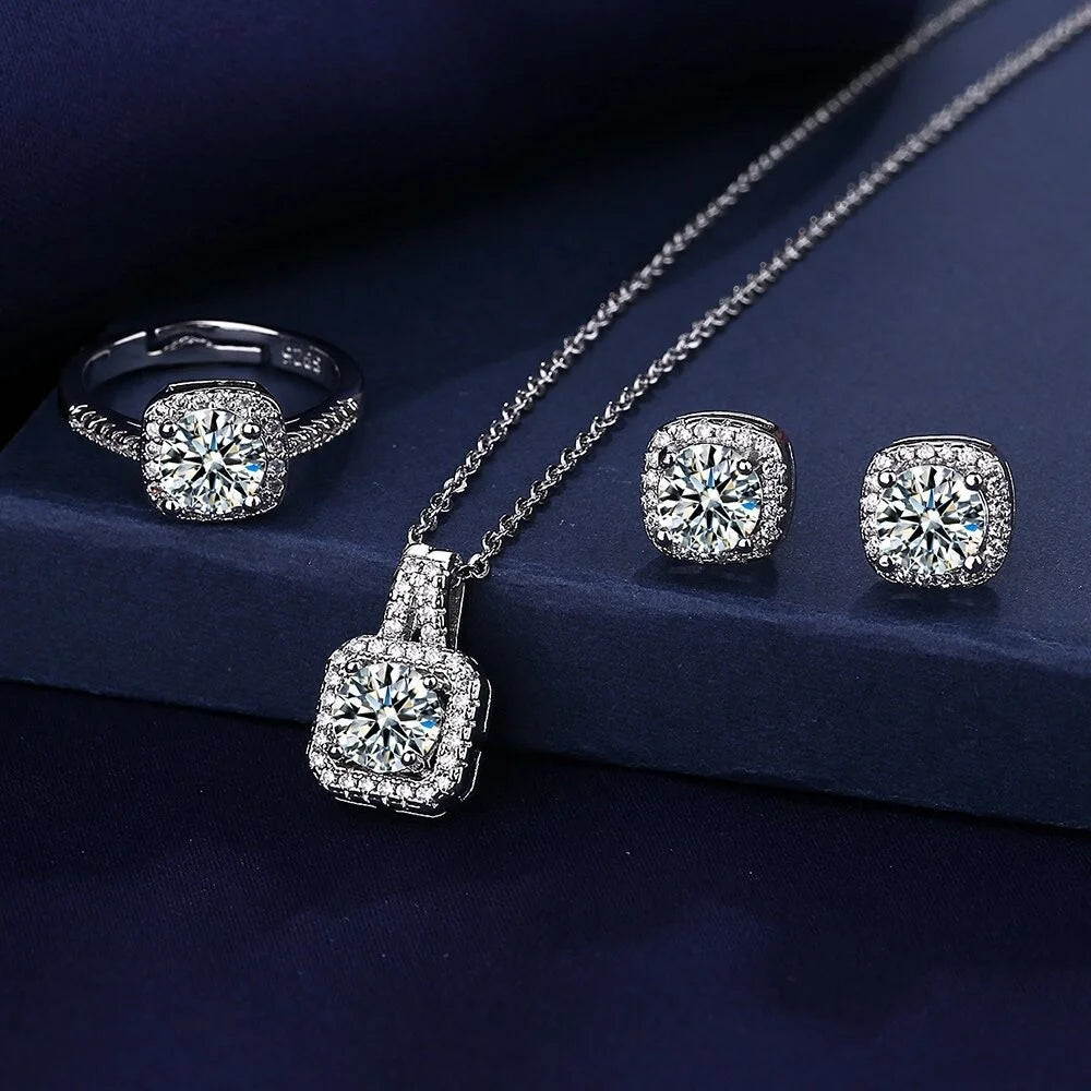 Square Silver 3pcs Earring, Necklace, & Ring Set