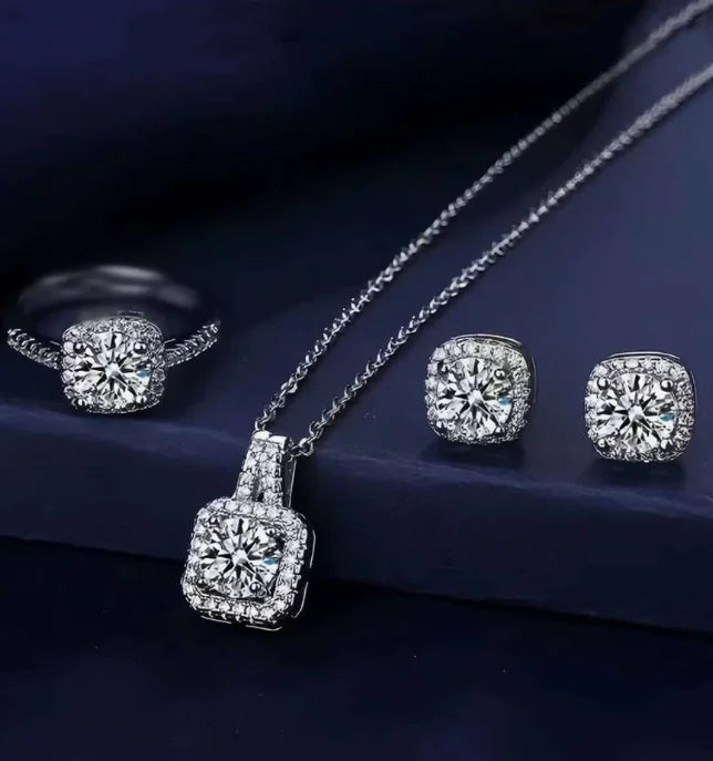 Square Silver 3pcs Earring, Necklace, & Ring Set