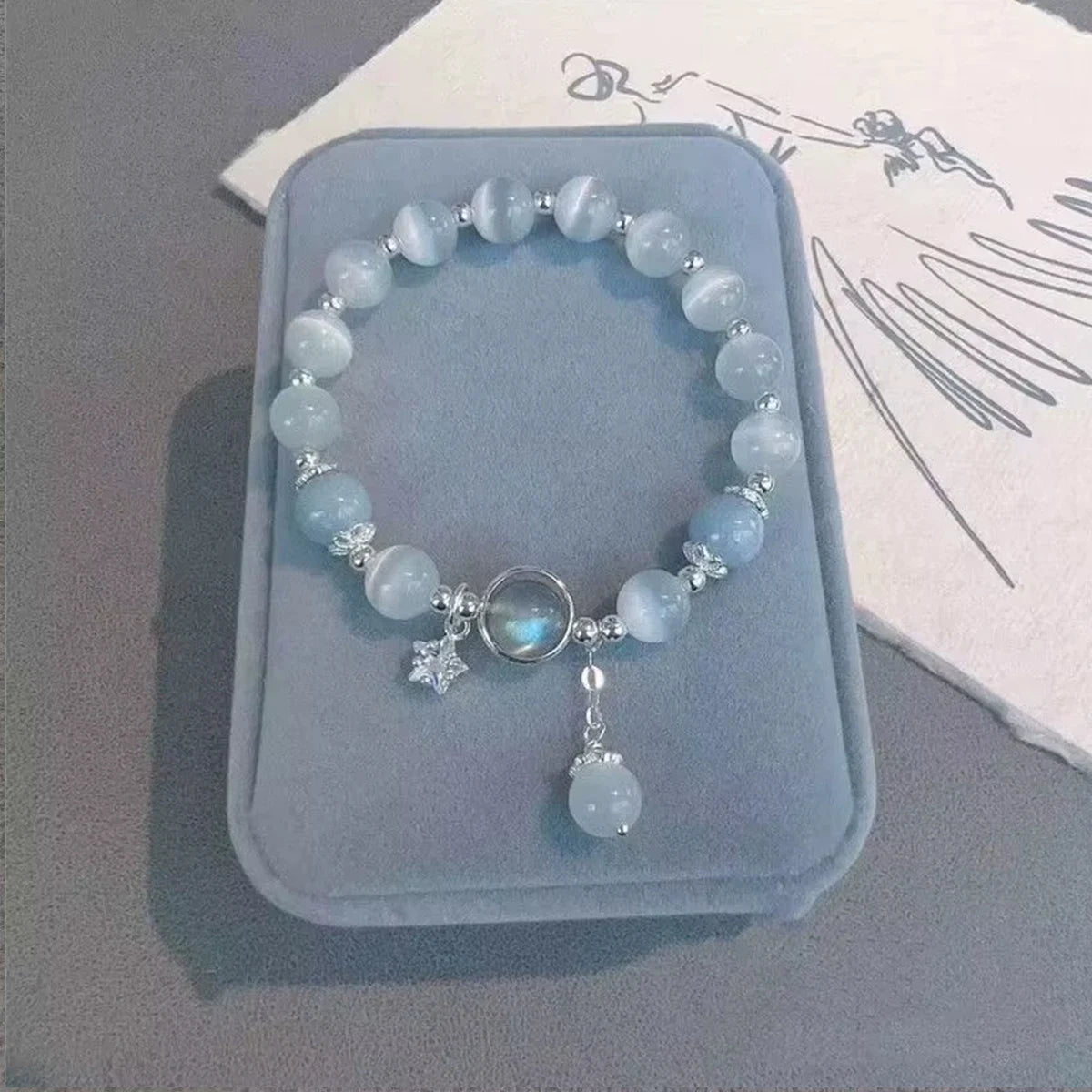 Blue Moonstone Cat Eye Pendant Bracelet