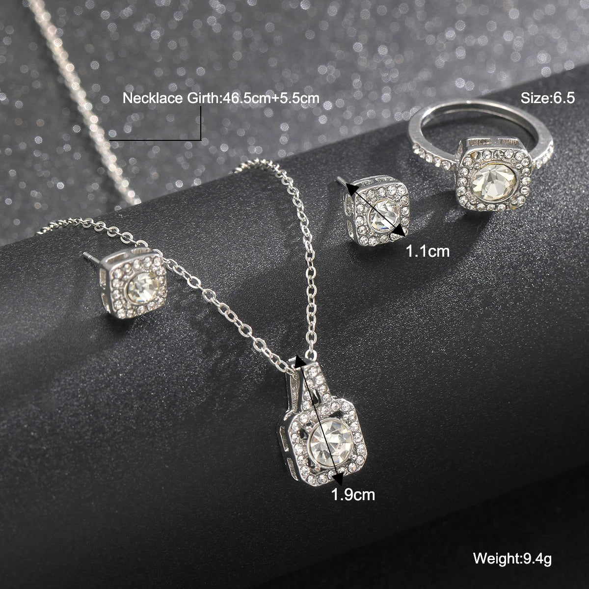 Square Silver 3pcs Earring, Necklace, & Ring Set