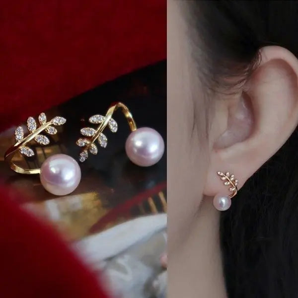 Leaf Flower Stud Pearl Earrings