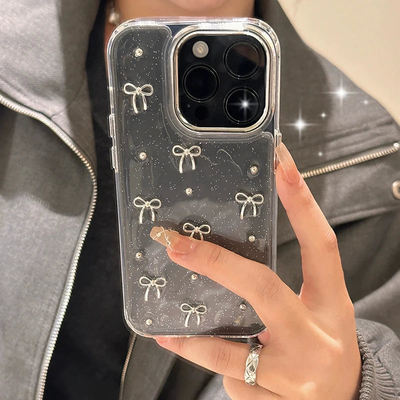 Glitter Silver Bows Phone Case For iPhone
