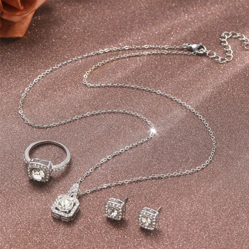 Square Silver 3pcs Earring, Necklace, & Ring Set