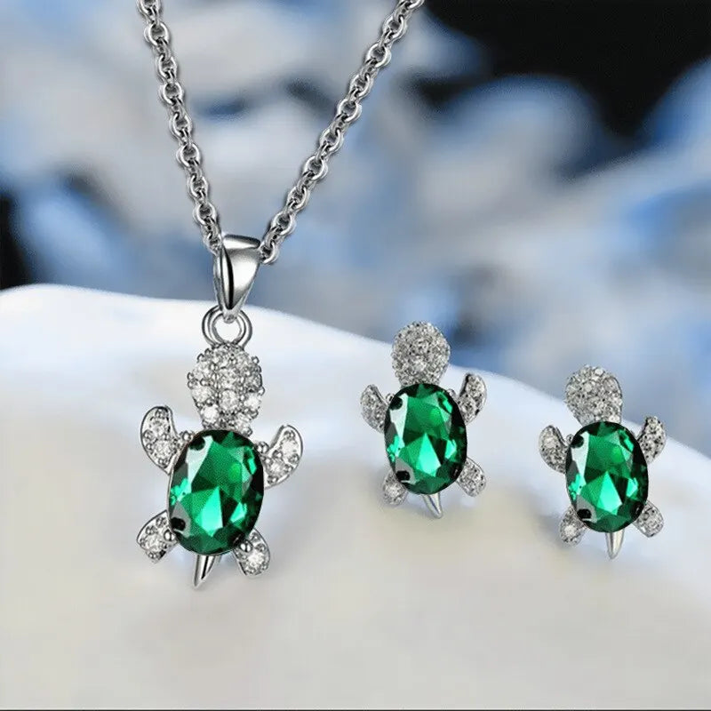 Silver Turtle Necklace & Earrings Set