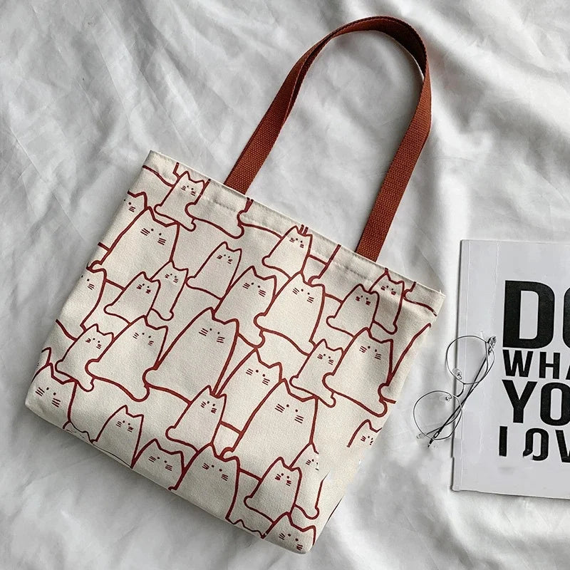 Canvas Cat Tote Handbag