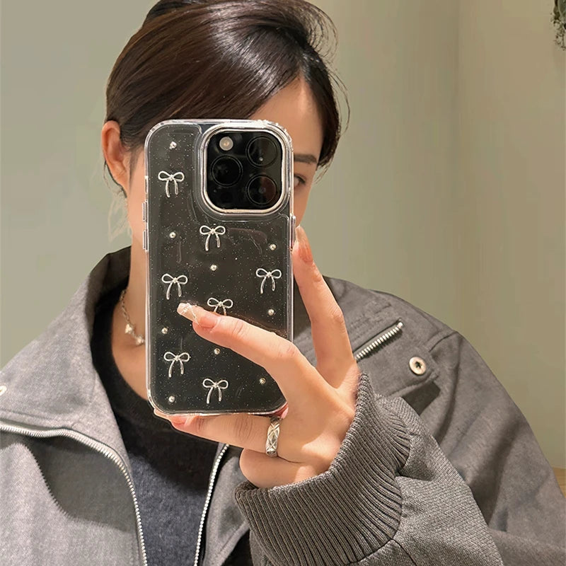 Glitter Silver Bows Phone Case For iPhone