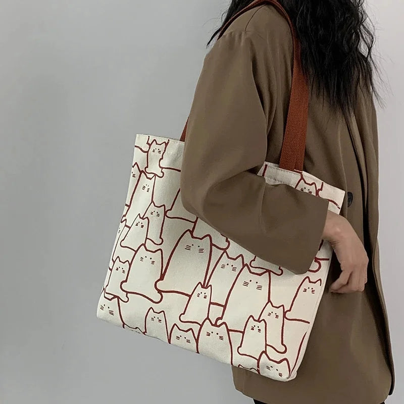 Canvas Cat Tote Handbag