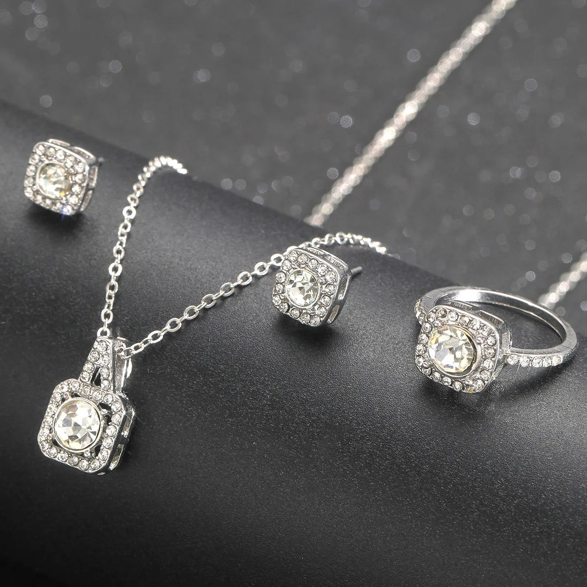 Square Silver 3pcs Earring, Necklace, & Ring Set
